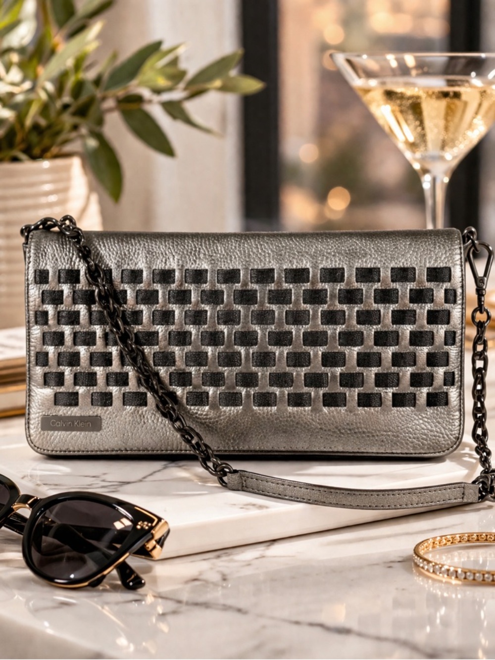 Calvin Klein Silver Metallic Woven Leather Clutch Chain Shoulder Bag Y2K Evening